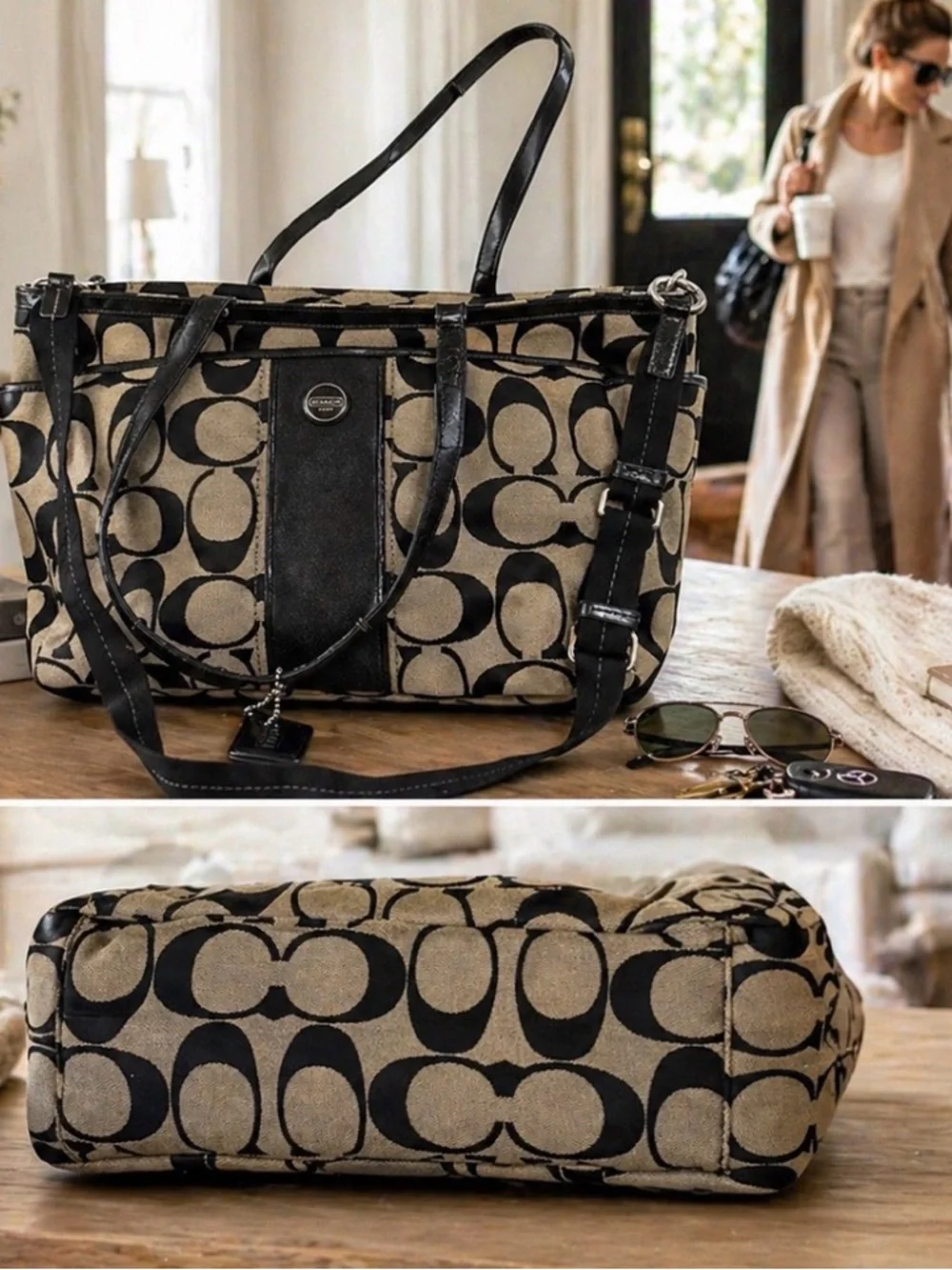 Coach Tan and Black Signature Canvas Tote/ multifunction bag